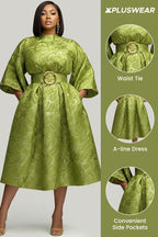 Xpluswear Design Plus Size Wedding Guest Green Round Neck 3/4 Sleeve Pocket Midi Dresses
