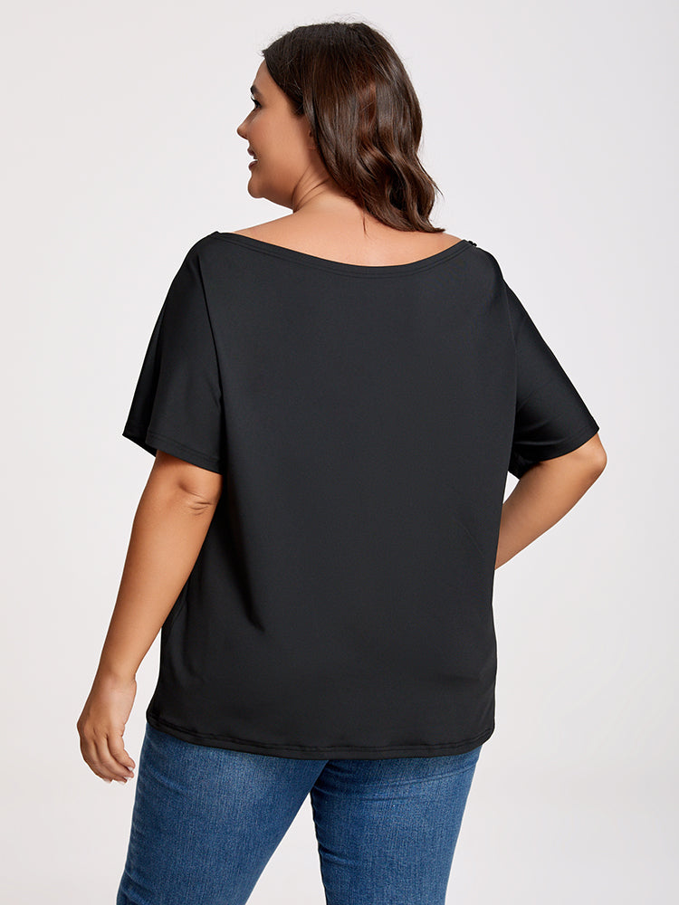 Plus Black Boat Neck Button Tee