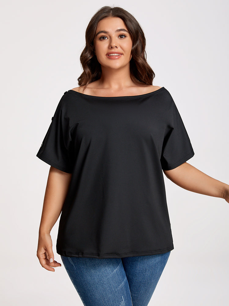 Plus Black Boat Neck Button Tee