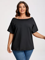 Plus Black Boat Neck Button Tee