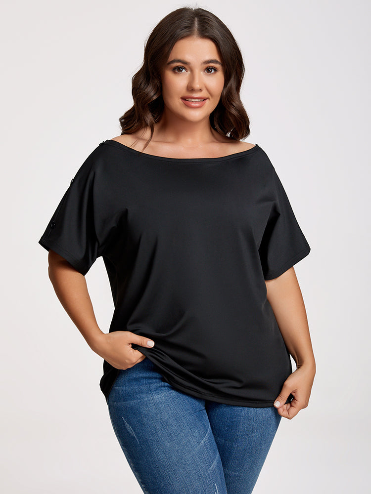 Plus Black Boat Neck Button Tee