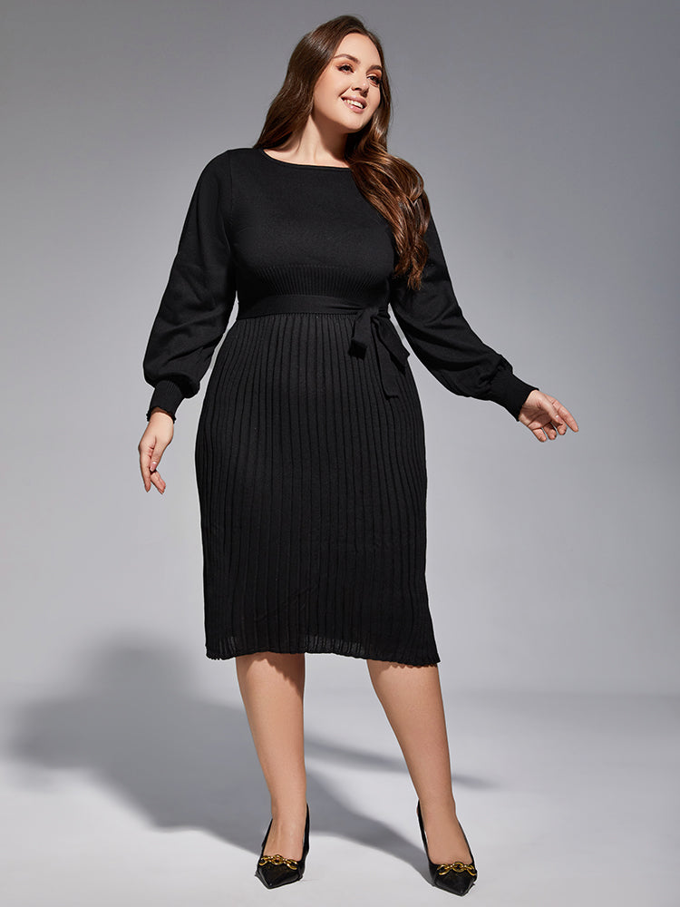 VIP Plus Black Solid Tie Lantern Sleeves Midi Knit Dress