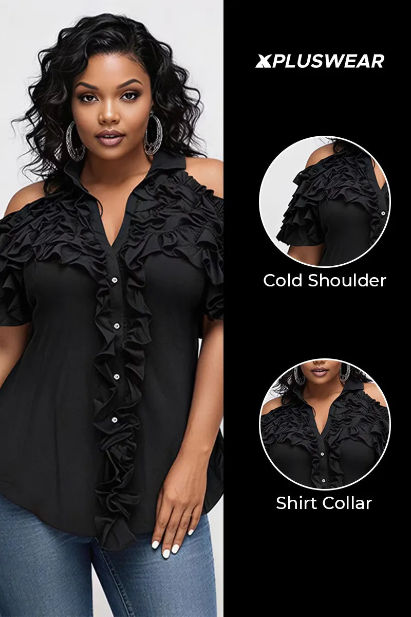 Xpluswear Design Plus Size Business Casual Black Shirt Collar Cold Shoulder Short Sleeve Ruffle Tiered Blouses
