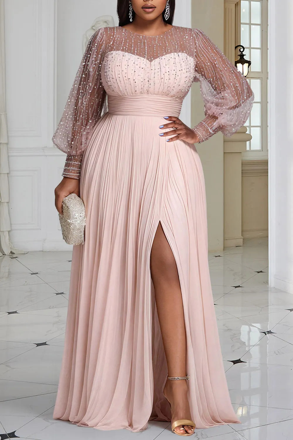 Xpluswear Design Plus Size Formal Champagne Round Neck Long Sleeve Split Elegant See Through Sequin Chiffon Maxi Dresses