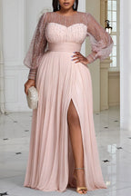 Xpluswear Design Plus Size Formal Black Round Neck Long Sleeve Split Elegant See Through Sequin Chiffon Maxi Dresses