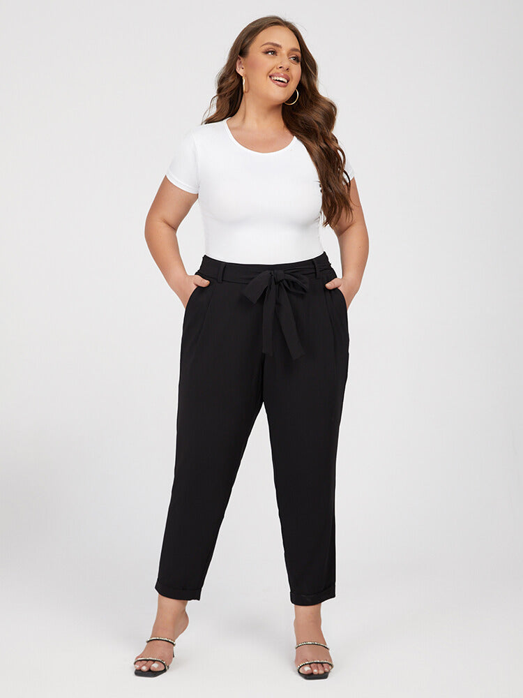 Plus Black Solid Tie Elastic Waist Pants