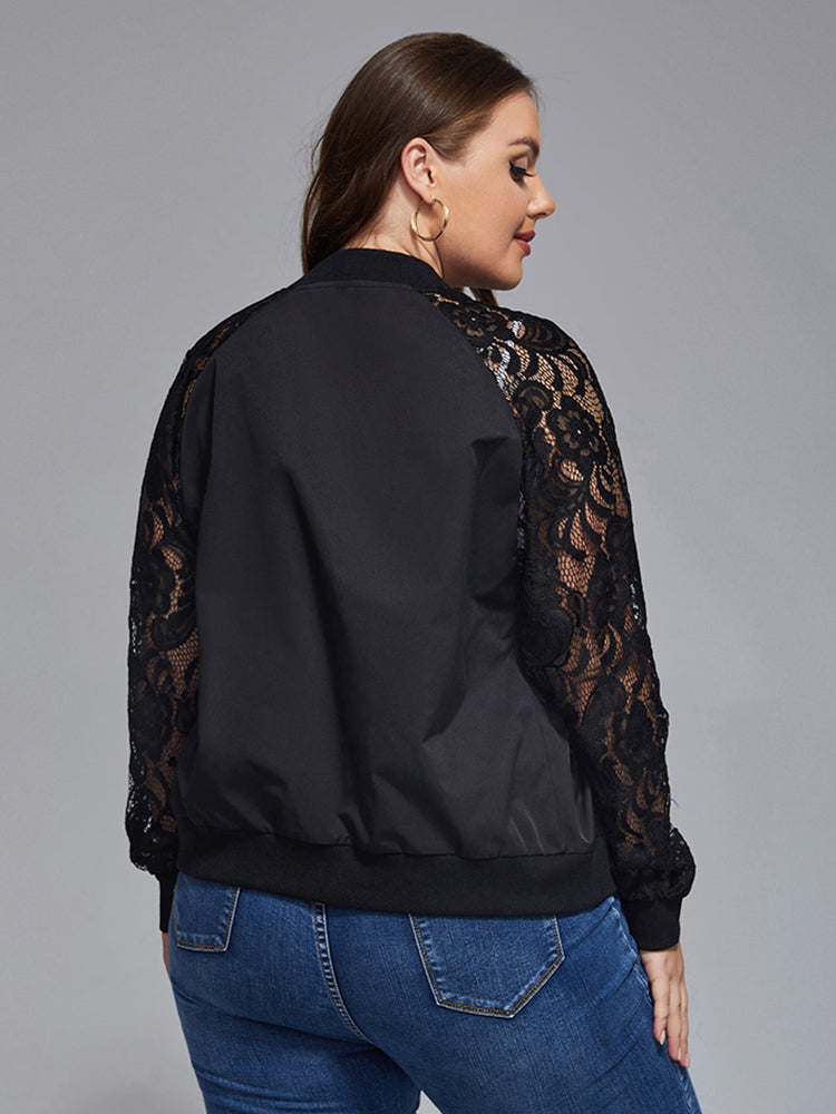 Plus Black Lace Zipper Front Raglan Sleeve Jacket