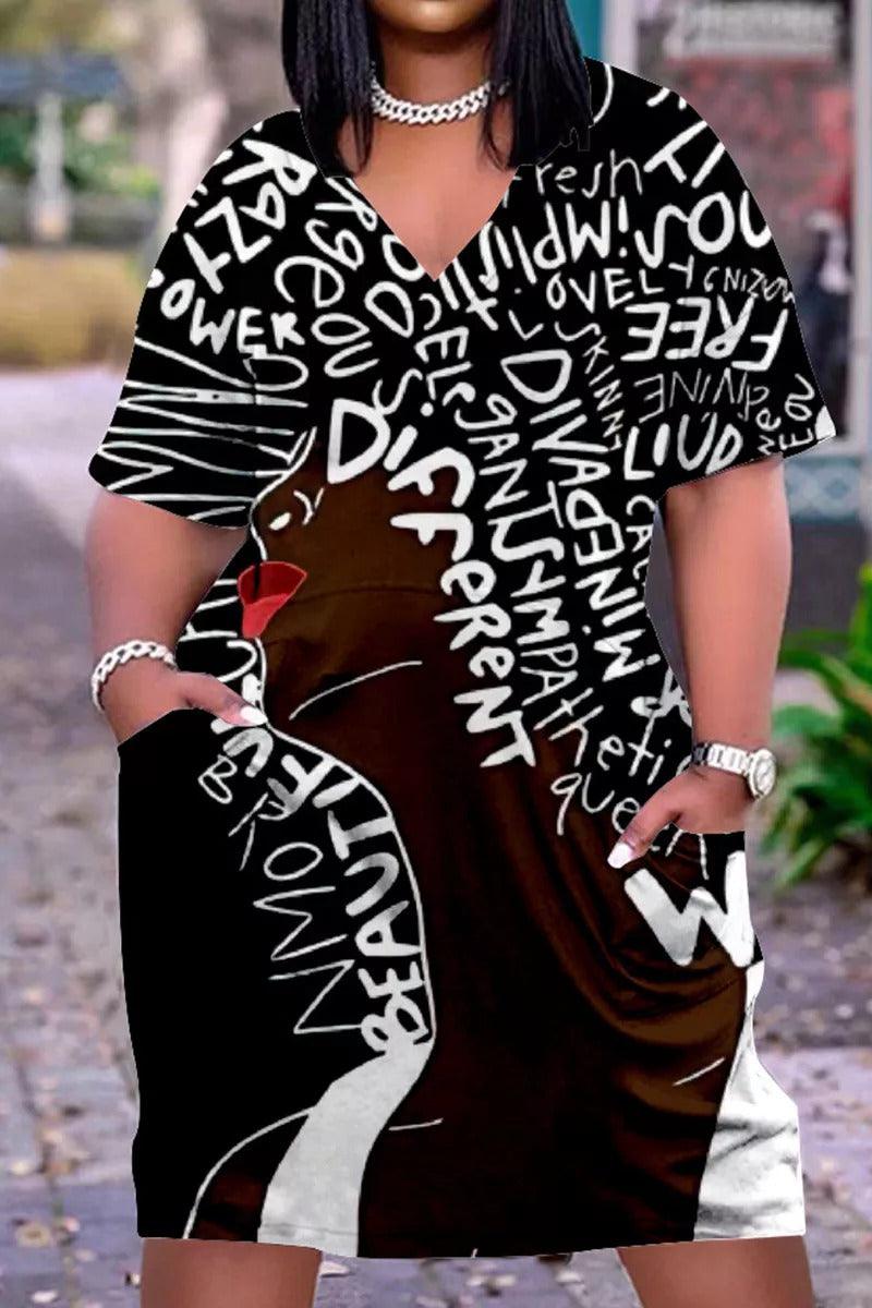 Xpluswear Plus Size V Neck African Short Sleeve Cute Black Girl Print With Pockets Midi Dress-Red