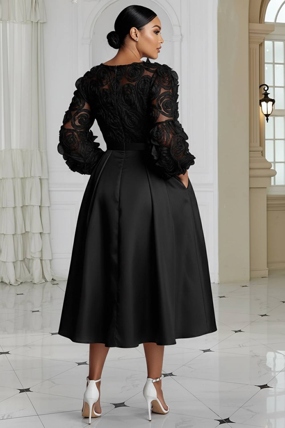 Xpluswear Design Plus Size Wedding White Round Neck 3/4 Sleeve 3D Elegant Pocket Satin Midi Dresses