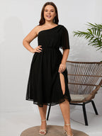 Plus Black Jacquard One Shoulder Ruffle Sleeve Elastic Waist Midi Dress