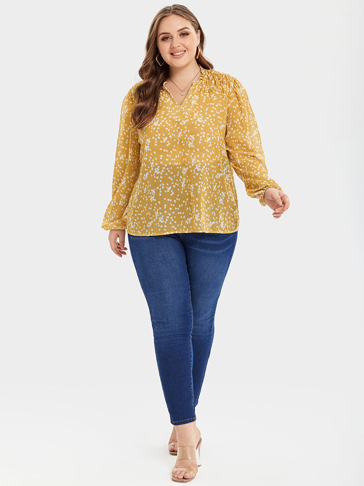 Allover Print Ruched Shoulder V-Neck Blouse