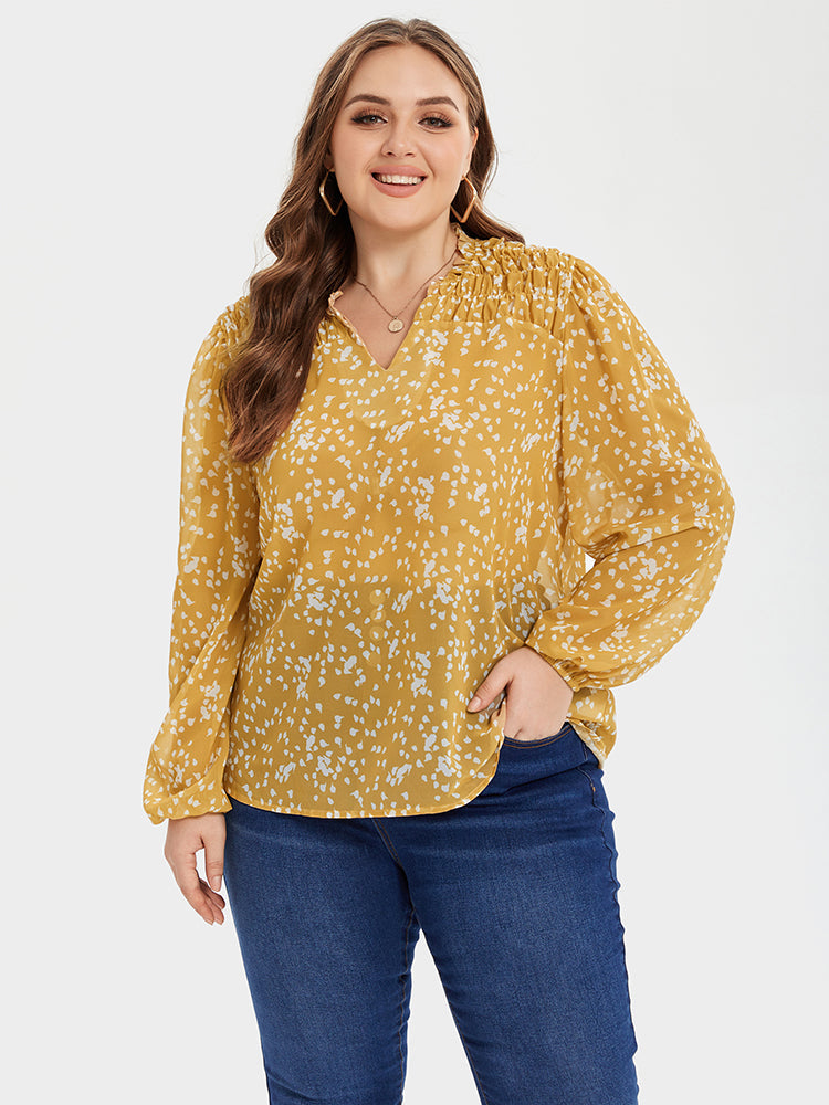 Allover Print Ruched Shoulder V-Neck Blouse