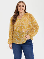 Allover Print Ruched Shoulder V-Neck Blouse