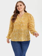Allover Print Ruched Shoulder V-Neck Blouse