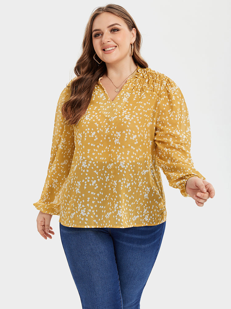 Allover Print Ruched Shoulder V-Neck Blouse