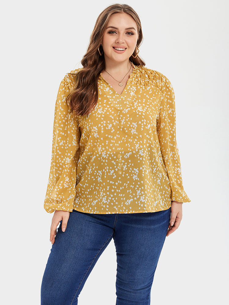 Allover Print Ruched Shoulder V-Neck Blouse