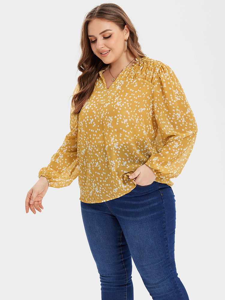 Allover Print Ruched Shoulder V-Neck Blouse