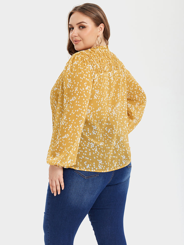 Allover Print Ruched Shoulder V-Neck Blouse