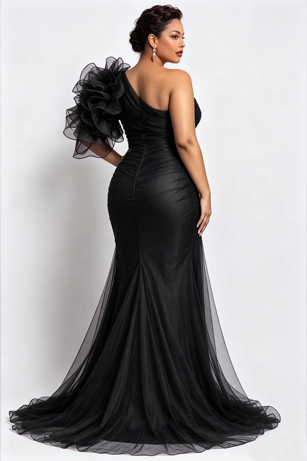 Xpluswear Design Plus Size Formal Burgundy Oblique Collar One Shoulder Short Sleeve 3D Split Chiffon Maxi Dresses [Pre-Order]