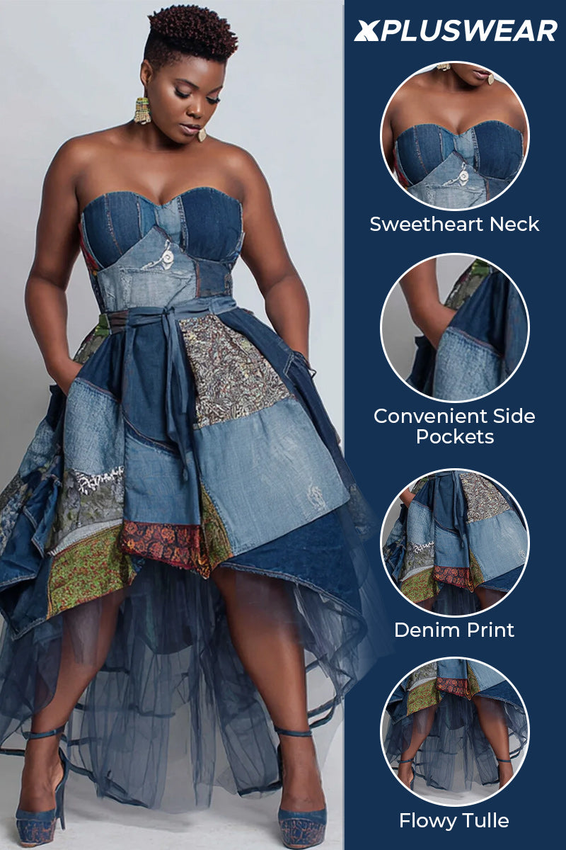 Xpluswear Design Plus Size Party Blue All Over Print Pocket High Low Hem Tulle Midi Dresses