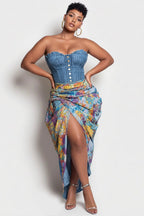Xpluswear Design Plus Size Party Light Blue Graphic Split Fold Denim Two Piece Skirt Sets