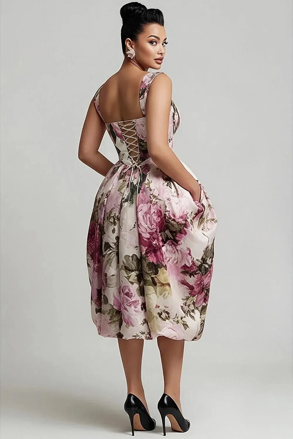 Xpluswear Design Plus Size Cocktail Party Pink Floral Sweetheart Neck Pleated Pocket Satin Midi Dresses