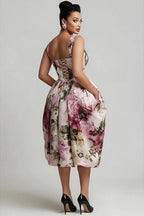 Xpluswear Design Plus Size Cocktail Party Pink Floral Sweetheart Neck Pleated Pocket Satin Midi Dresses