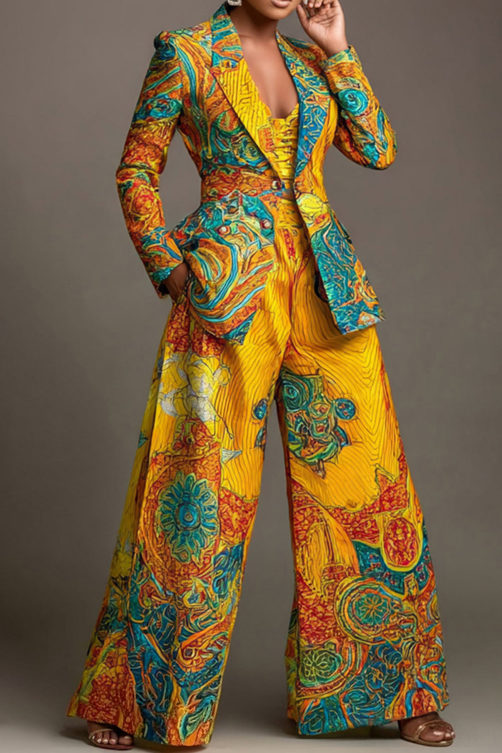 Xpluswear Design Plus Size Formal Yellow African Print Lapel Collar Long Sleeve Pocket Wide Leg Two Piece Pant Suits