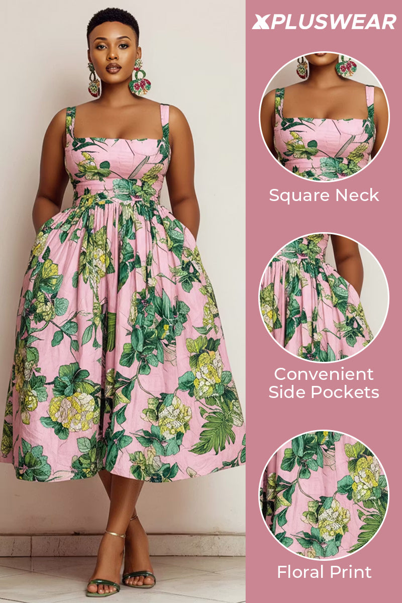 Xpluswear Design Plus Size Vacation Sundress Pink Floral Square Neck Pocket Satin Midi Dresses