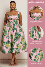 Xpluswear Design Plus Size Vacation Sundress Pink Floral Square Neck Pocket Satin Midi Dresses