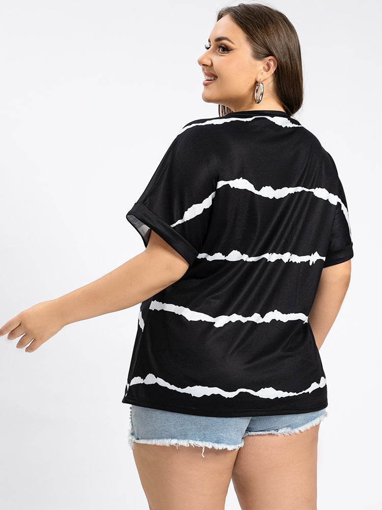 Plus Striped V-Neck Cuffed Sleeve Tee