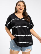 Plus Striped V-Neck Cuffed Sleeve Tee