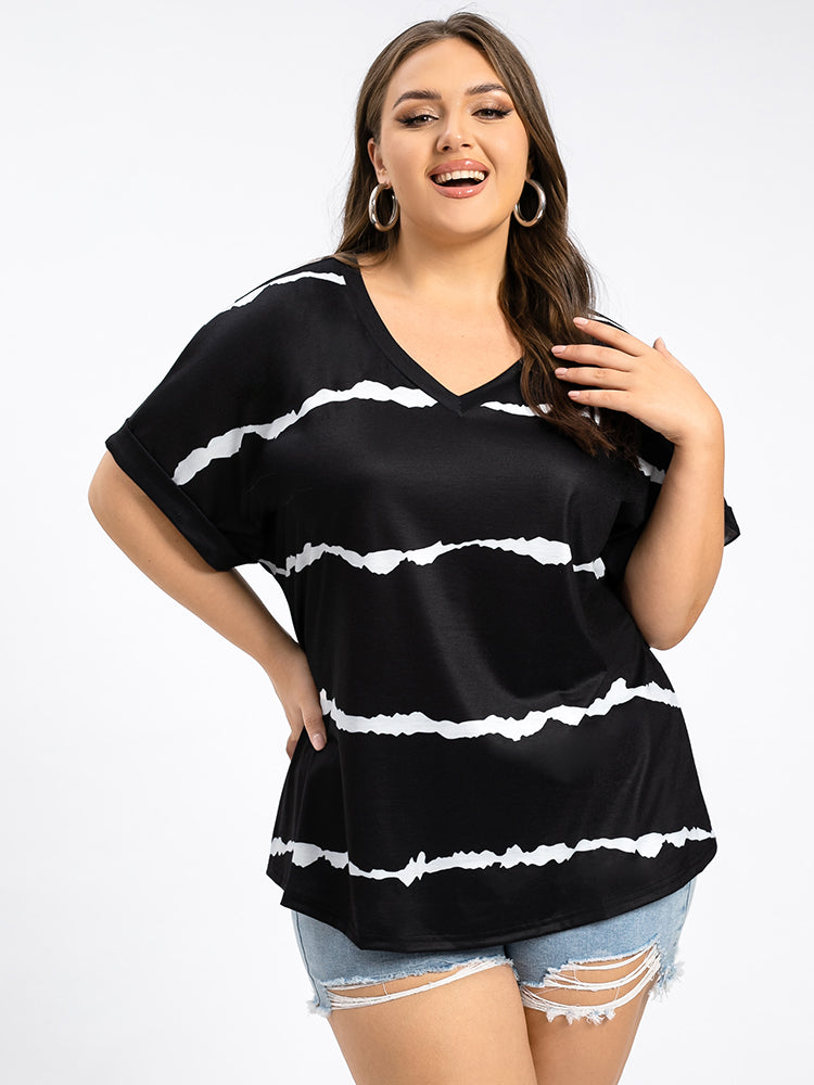 Plus Striped V-Neck Cuffed Sleeve Tee