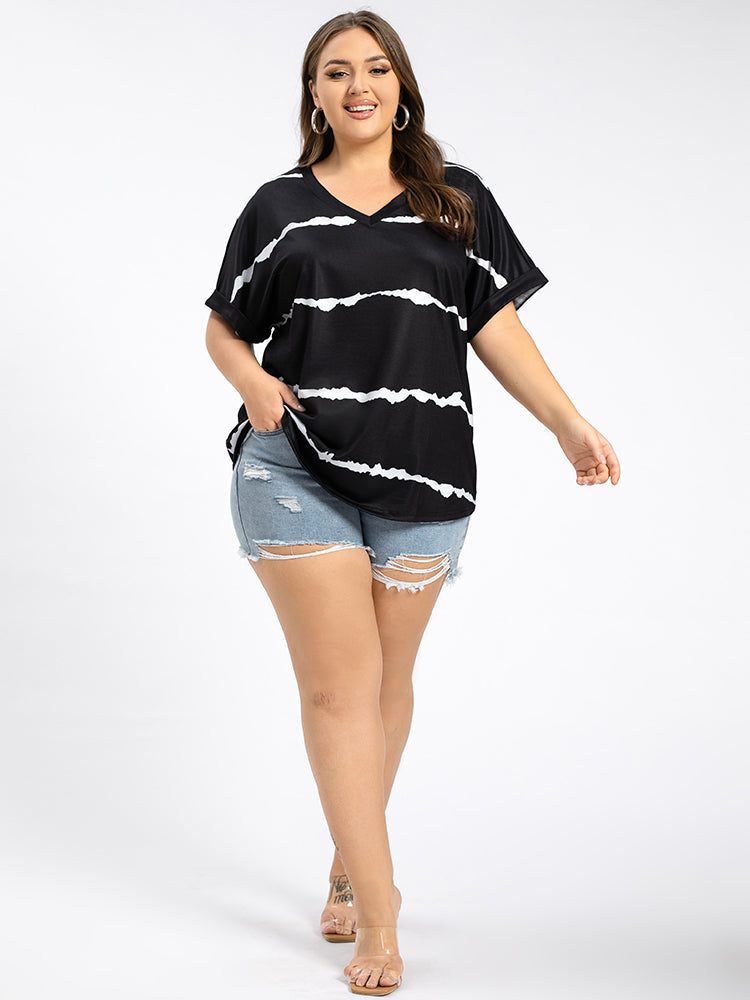 Plus Striped V-Neck Cuffed Sleeve Tee