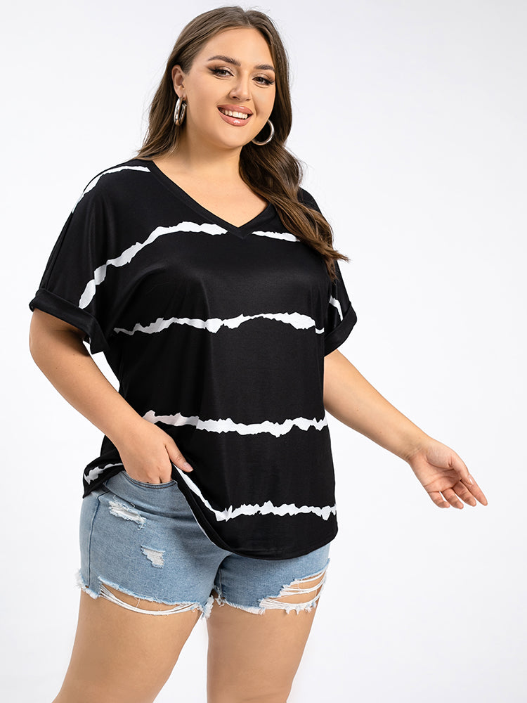 Plus Striped V-Neck Cuffed Sleeve Tee