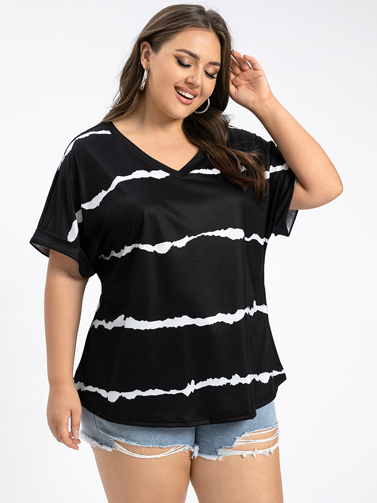 Plus Striped V-Neck Cuffed Sleeve Tee