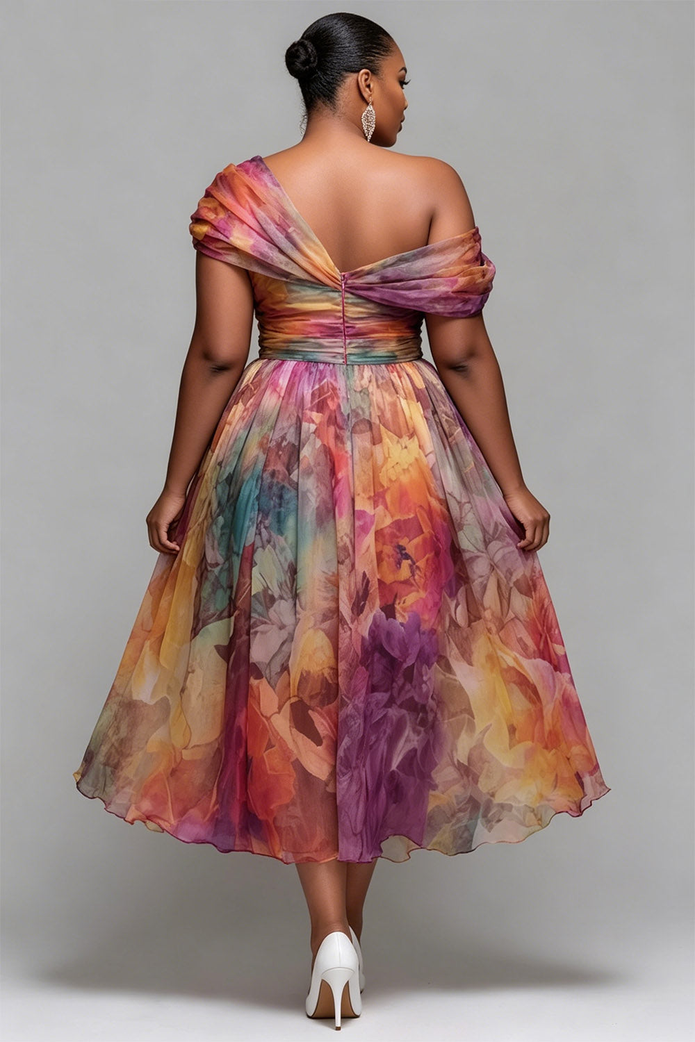 Xpluswear Design Plus Size Wedding Guest Elegant Multicolor Floral Oblique Collar Chiffon Midi Dresses