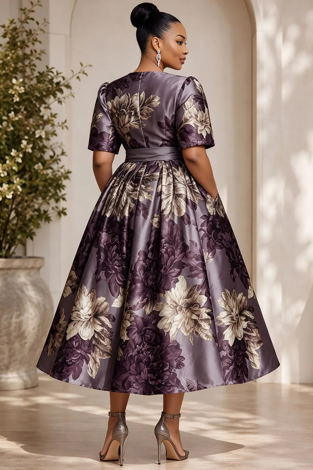 Xpluswear Design Plus Size Wedding Guest Purple Floral Round Neck Short Sleeve Pocket Satin Midi Dresses [Pre-Order]