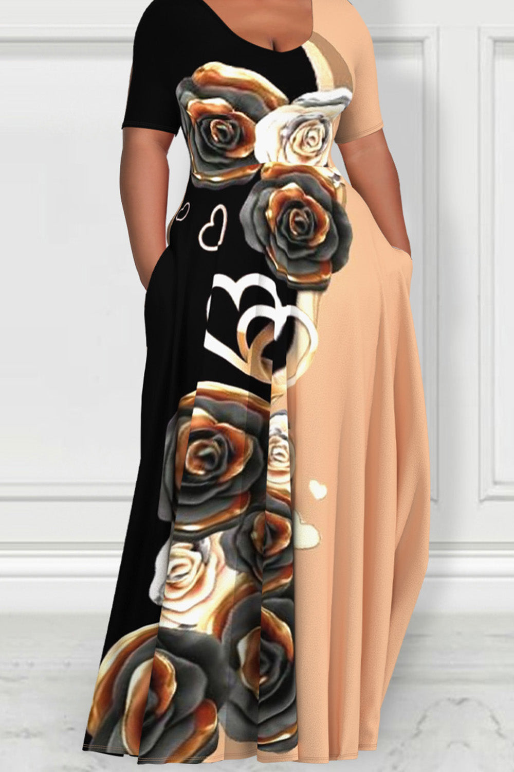 Xpluswear Design Plus Size Casual Colorblock Floral Print Short Sleeve With Pockets Maxi Dress
