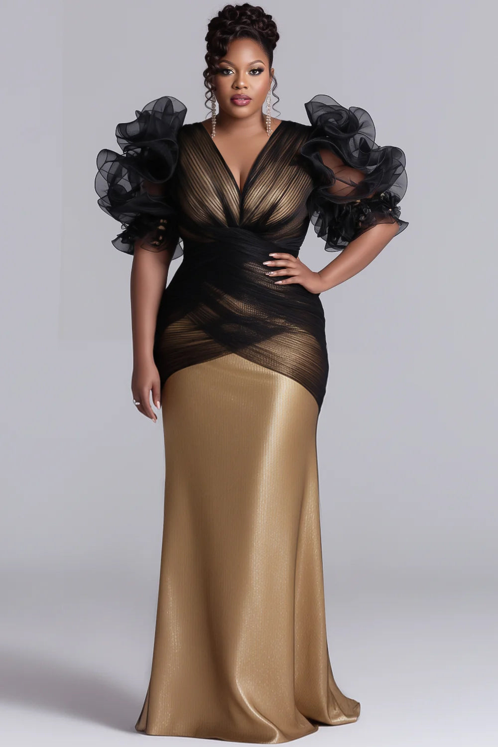Xpluswear Design Plus Size Formal Gold Colorblock V Neck Puff Sleeve Half Sleeve Ruffled Elegant Ruffle Satin Tulle Maxi Dresses