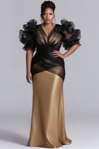 Xpluswear Design Plus Size Formal Gold Colorblock V Neck Puff Sleeve Half Sleeve Ruffled Elegant Ruffle Satin Tulle Maxi Dresses