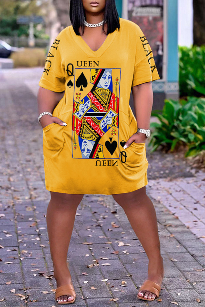 Xpluswear Plus Size Casual Poker Queen Print V Neck Short Sleeve With Pockets Midi Dress