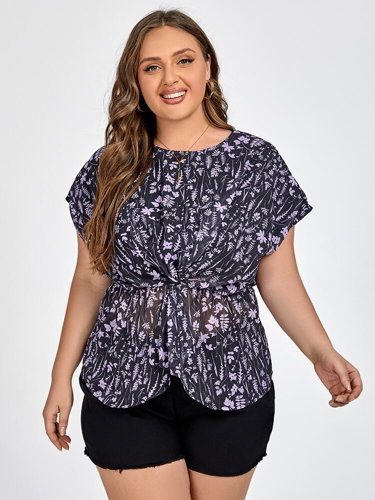 Plus Black Floral Elastic Waist Dolman Sleeve Blouse