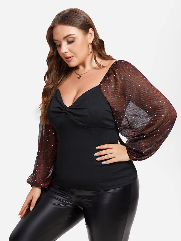 Contrast Mesh Lantern Sleeve Twist Front Tee