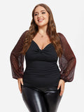Contrast Mesh Lantern Sleeve Twist Front Tee