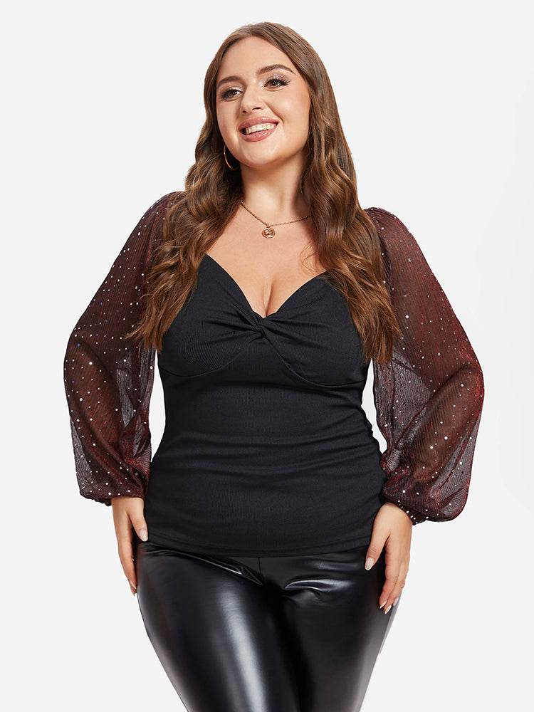 Contrast Mesh Lantern Sleeve Twist Front Tee