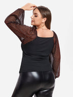 Contrast Mesh Lantern Sleeve Twist Front Tee