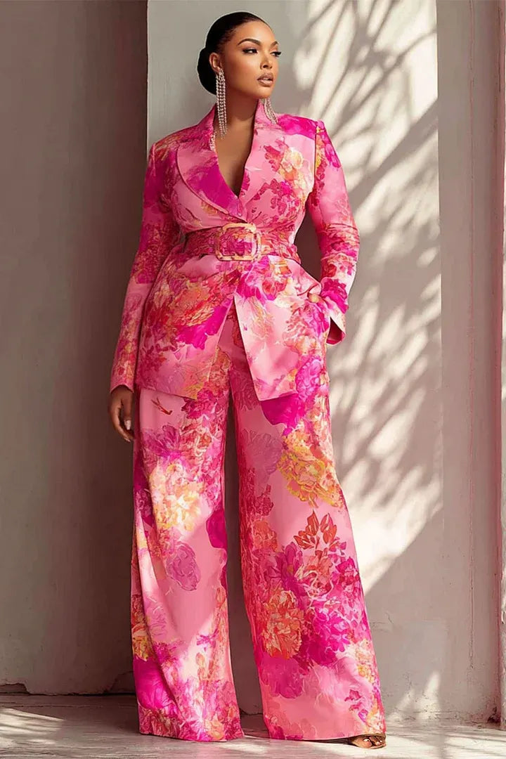 Xpluswear Design Plus Size Formal Hot Pink Turndown Collar Long Sleeve Pocket Satin Two Piece Pant Suits