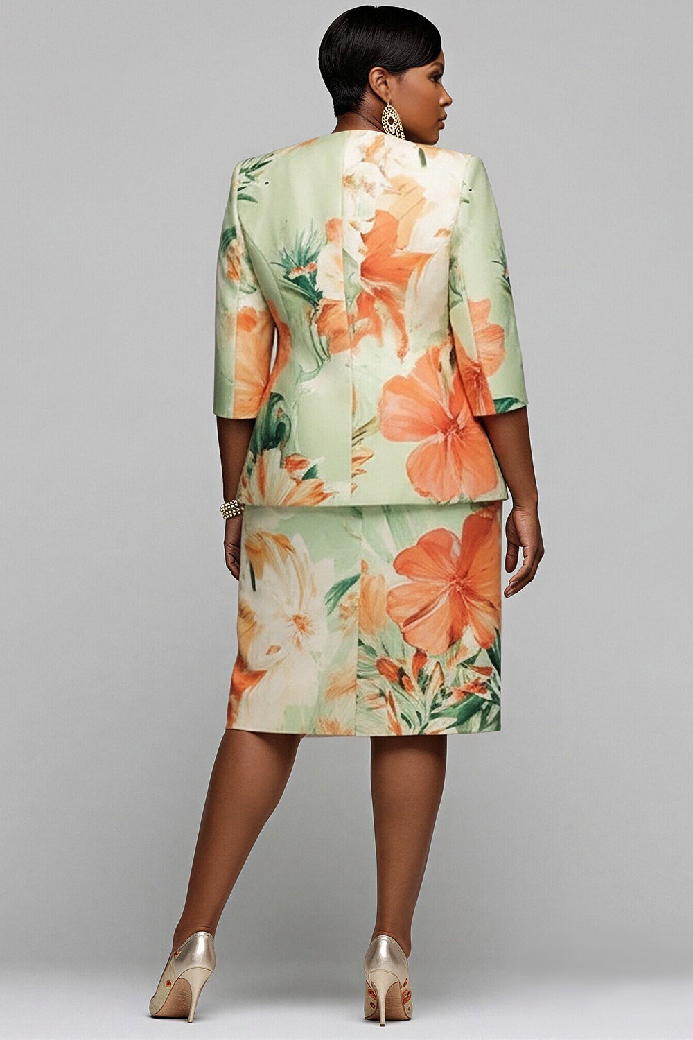 Xpluswear Design Plus Size Churchs Multicolor Floral Round Neck 3/4 Sleeve Split Satin Two Piece Dress Set