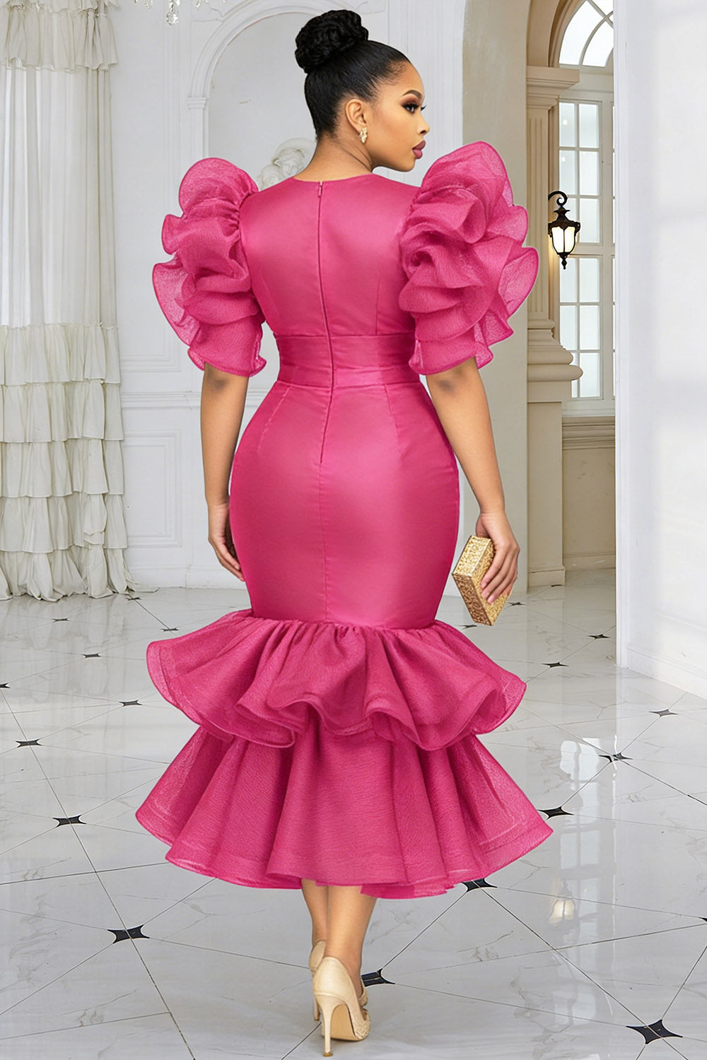 Xpluswear Design Plus Size Wedding Guest Tulle Hot Pink Round Neck Short Sleeve Ruffle Tiered Satin Midi Dresses